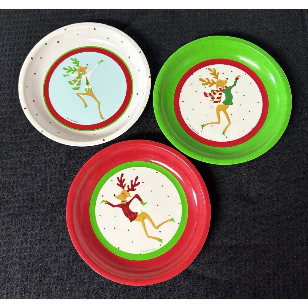 Vtg Christmas Dancing Reindeer Melamine Appetizer Dessert Plates 6.5" Jan Shade